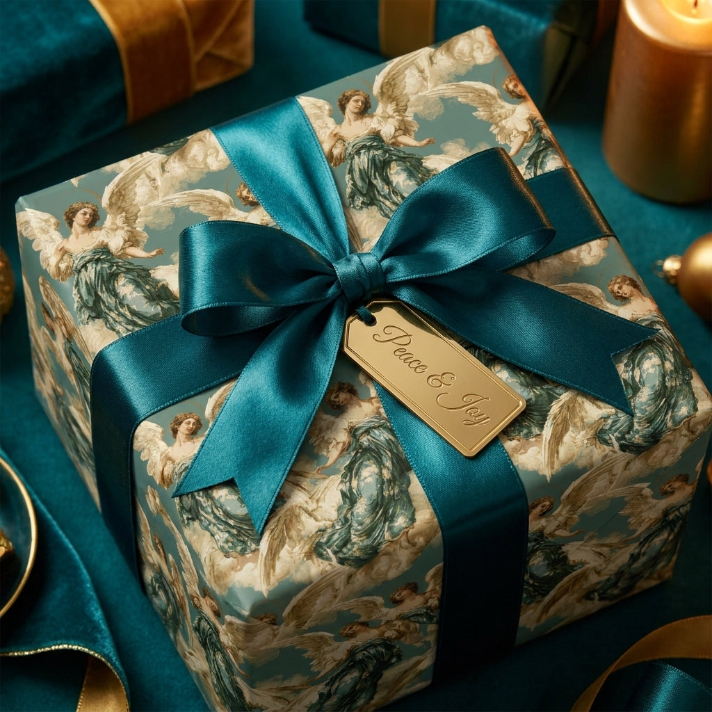 Luxury vintage angel Christmas gift wrap with a teal satin bow and gold tag by Wrapped Studios.