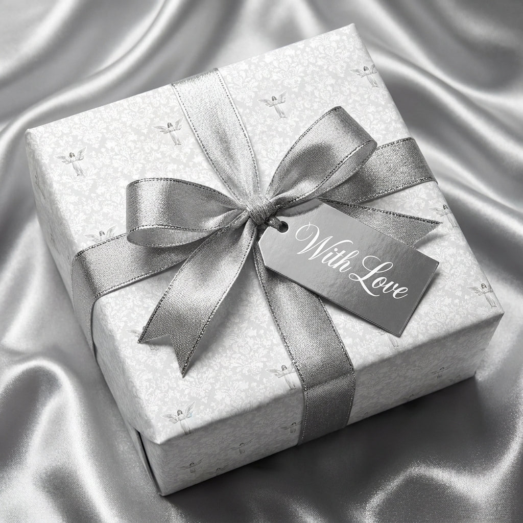 Luxury silver wedding wrapping paper with angel pattern and satin ribbon, by Wrapped Studios.