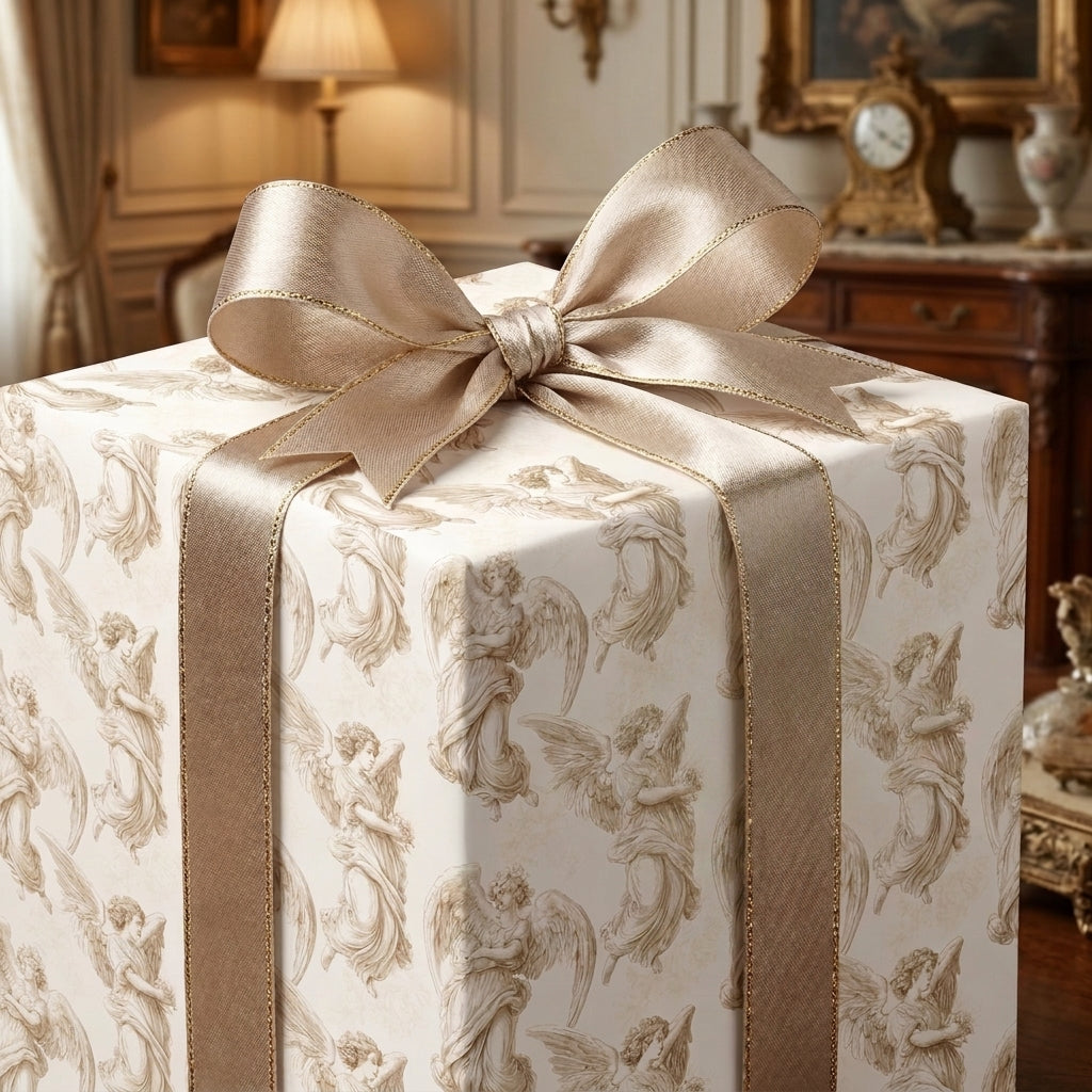 Vintage angel Christmas wrapping paper with a gold ribbon on a luxury gift box by Wrapped Studios.