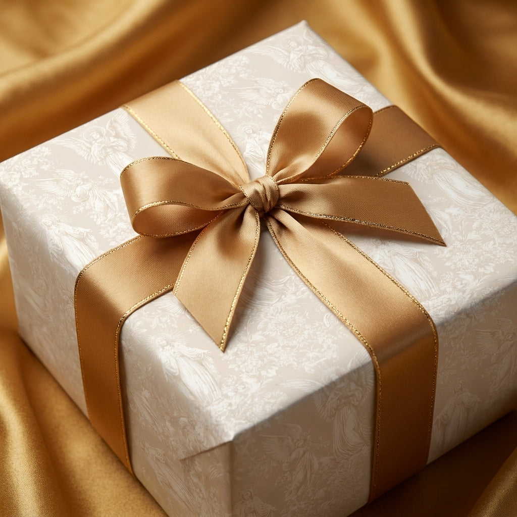 Elegant white and gold angel wrapping paper with a satin ribbon, luxury holiday gift wrap by Wrapped Studios.