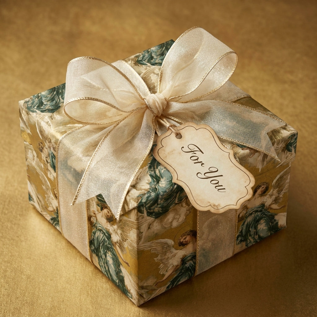 Luxury vintage Christmas wrapping paper with angel pattern, sheer gold ribbon, and tag by Wrapped Studios.
