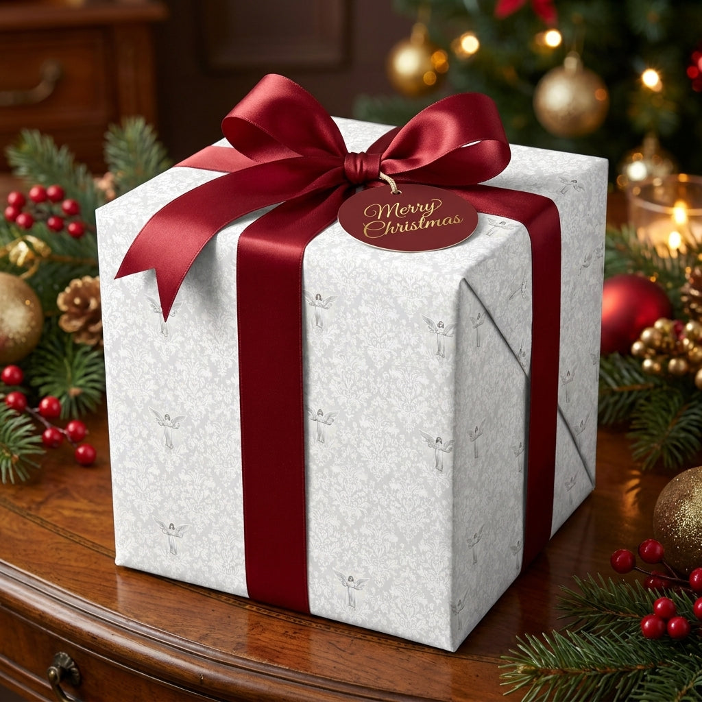 Luxury white angel Christmas wrapping paper with a red satin bow by Wrapped Studios.