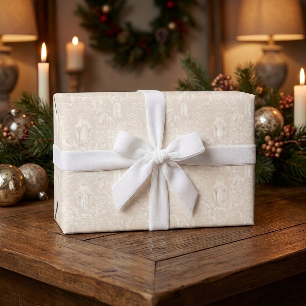 Luxury Christmas gift wrap with vintage cream angel pattern and velvet ribbon by Wrapped Studios.