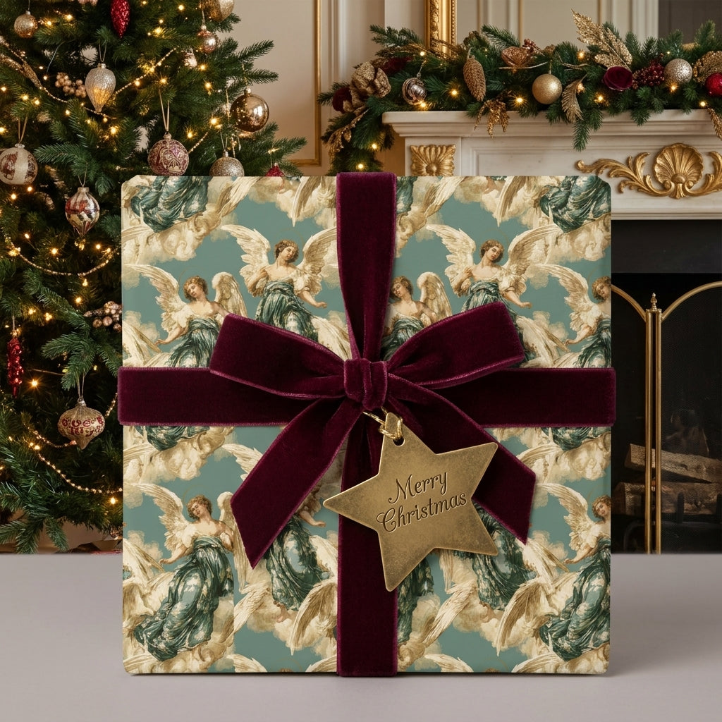 Luxury vintage angel Christmas wrapping paper with a burgundy velvet bow by Wrapped Studios.