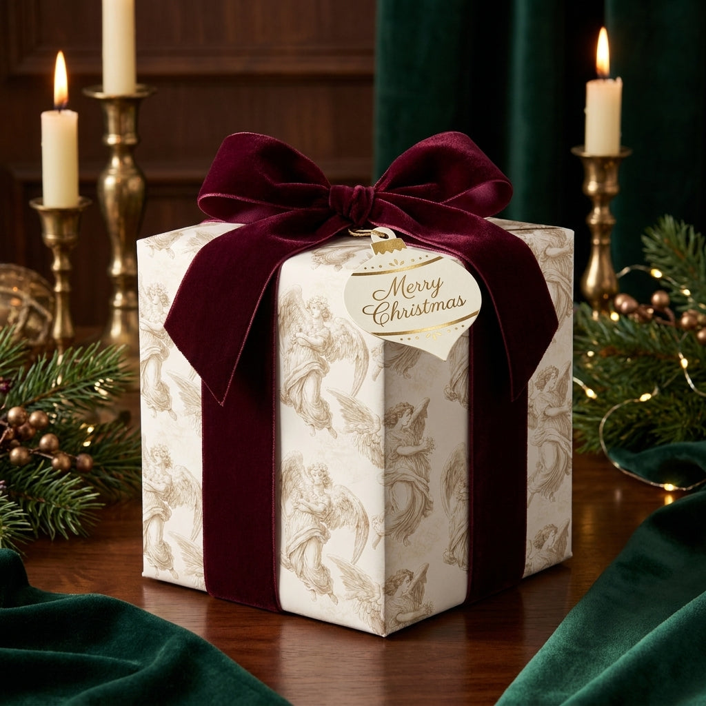 Vintage angel Christmas wrapping paper with luxury burgundy velvet ribbon by Wrapped Studios.