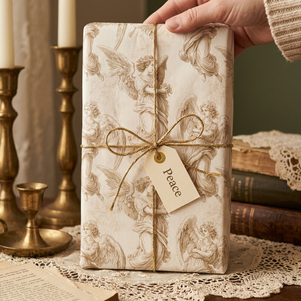 Hand holding gift in vintage angel Christmas wrapping paper with gold twine by Wrapped Studios.