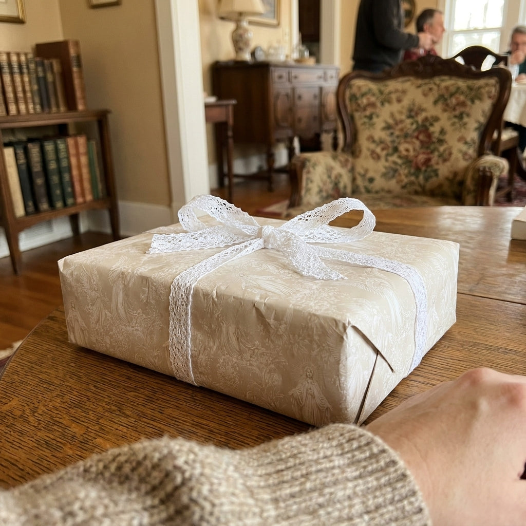 Elegant cream vintage wrapping paper with a white lace bow on a gift box by Wrapped Studios.