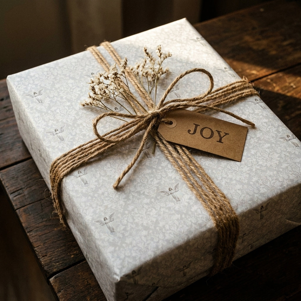 Grey vintage angel Christmas gift wrap with rustic twine bow and JOY tag by Wrapped Studios.