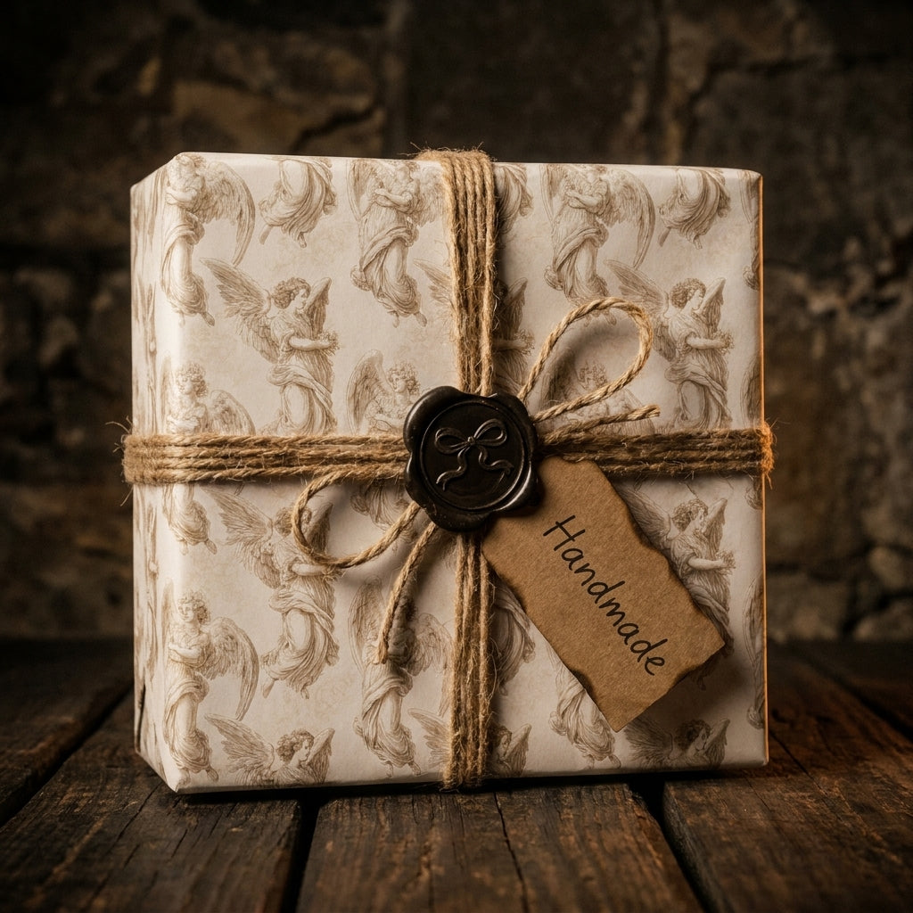 Vintage angel Christmas wrapping paper on a gift box with twine and wax seal by Wrapped Studios.