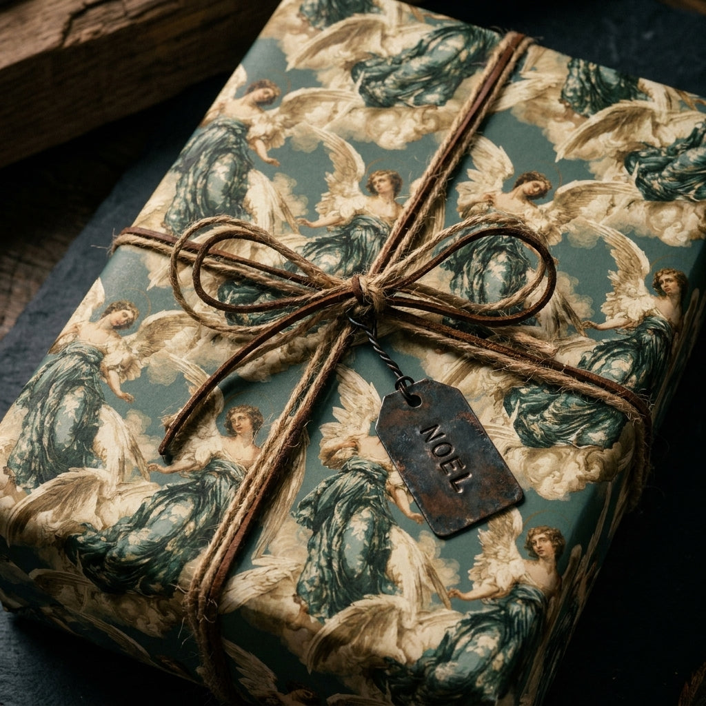 Vintage teal angel Christmas wrapping paper with twine bow and Noel tag by Wrapped Studios.