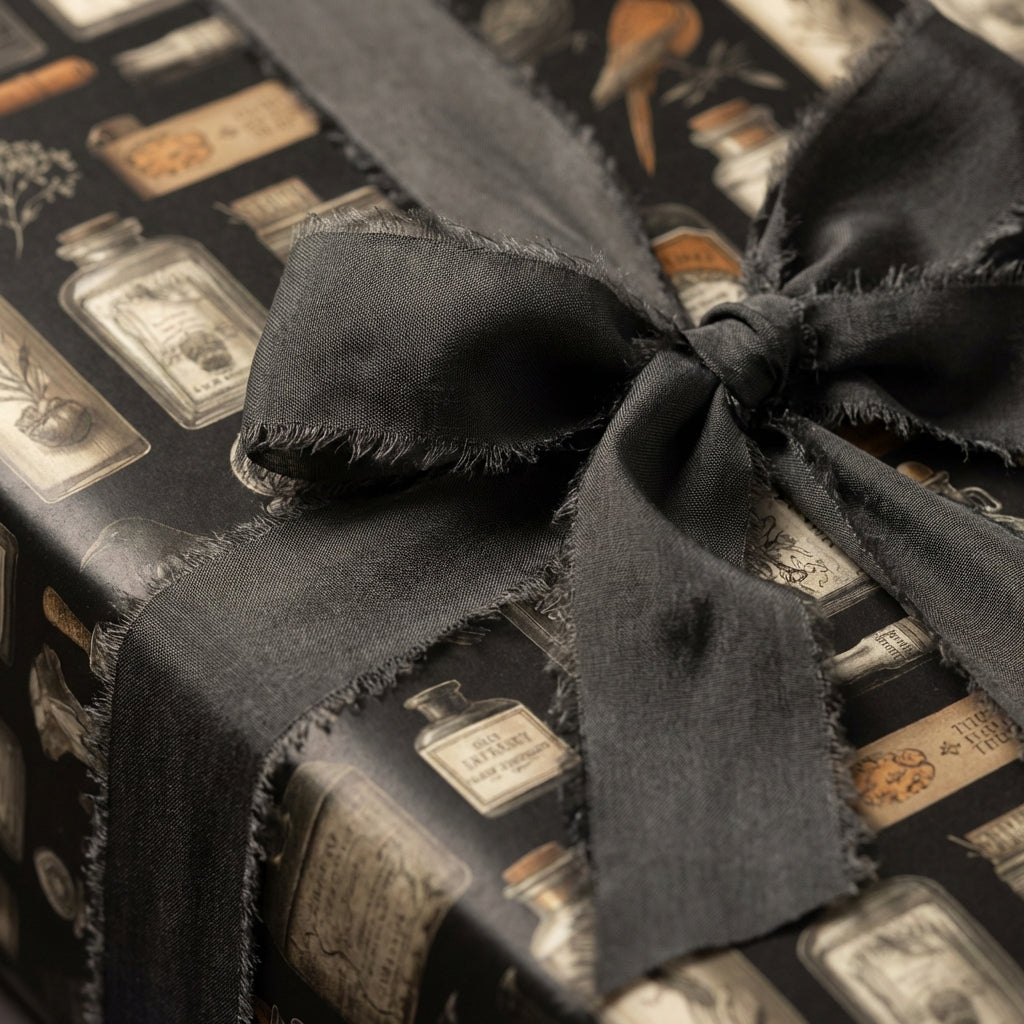 Close-up of apothecary wrapping paper featuring potion bottles, tied with a charcoal gray frayed ribbon.