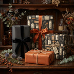 Elegant gifts wrapped in vintage-style potion bottle wrapping paper with velvet and satin ribbons on a wooden surface.