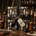 "Potions & Curios" wrapping paper with birds and apothecary bottles, tied with black velvet ribbon.