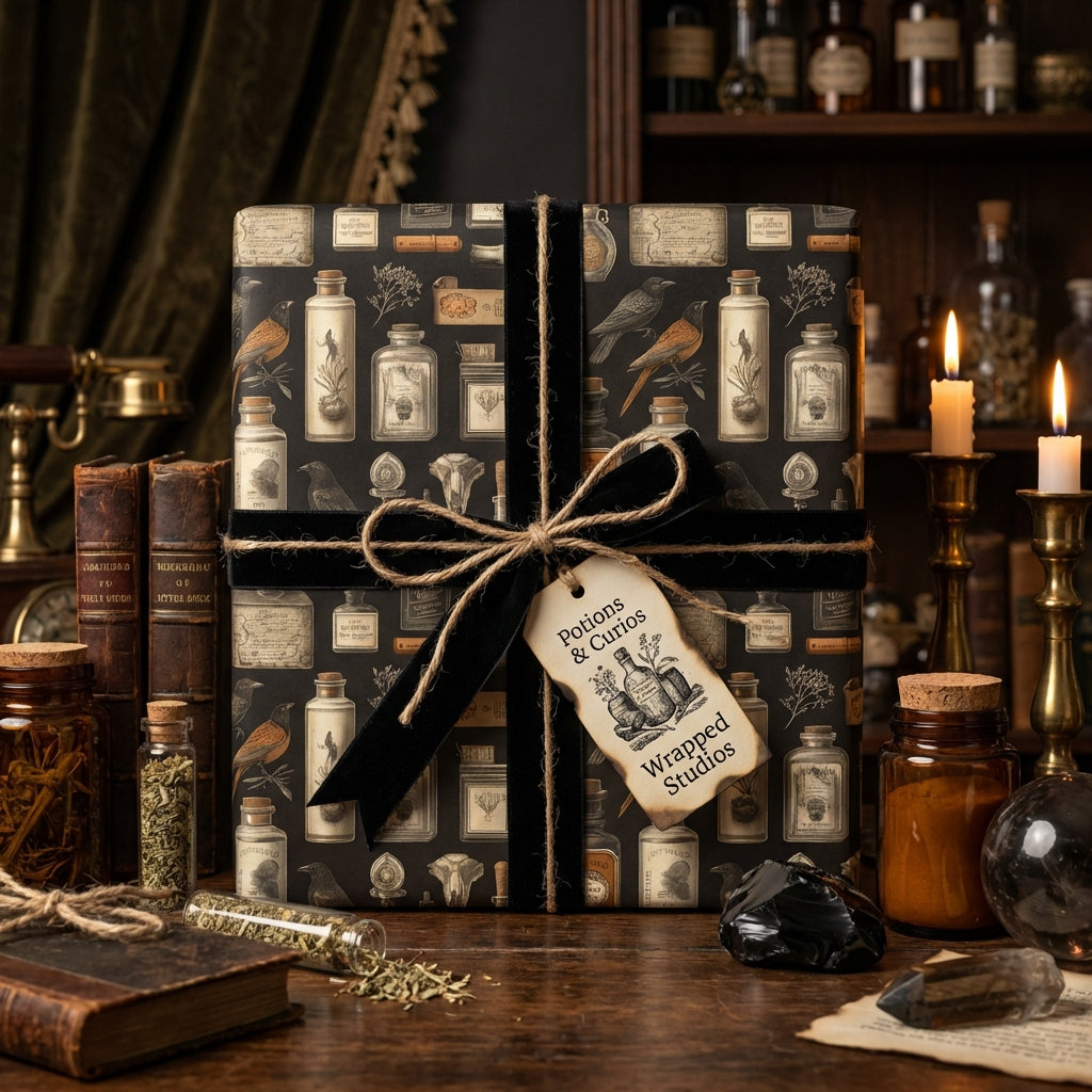 "Potions & Curios" wrapping paper with birds and apothecary bottles, tied with black velvet ribbon.