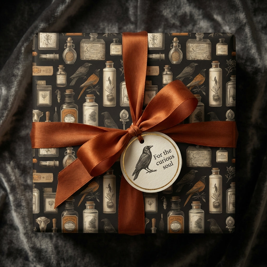 Victorian-style gift wrapped in unique apothecary bottle wrapping paper with a copper ribbon and raven gift tag.