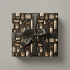 Wrapped gift box in apothecary-themed wrapping paper with a gray satin bow.