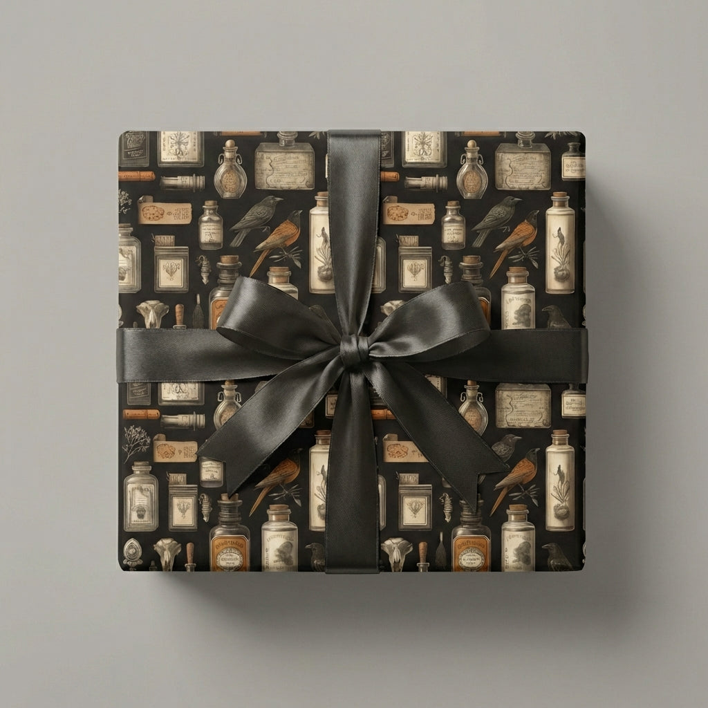 Wrapped gift box in apothecary-themed wrapping paper with a gray satin bow.