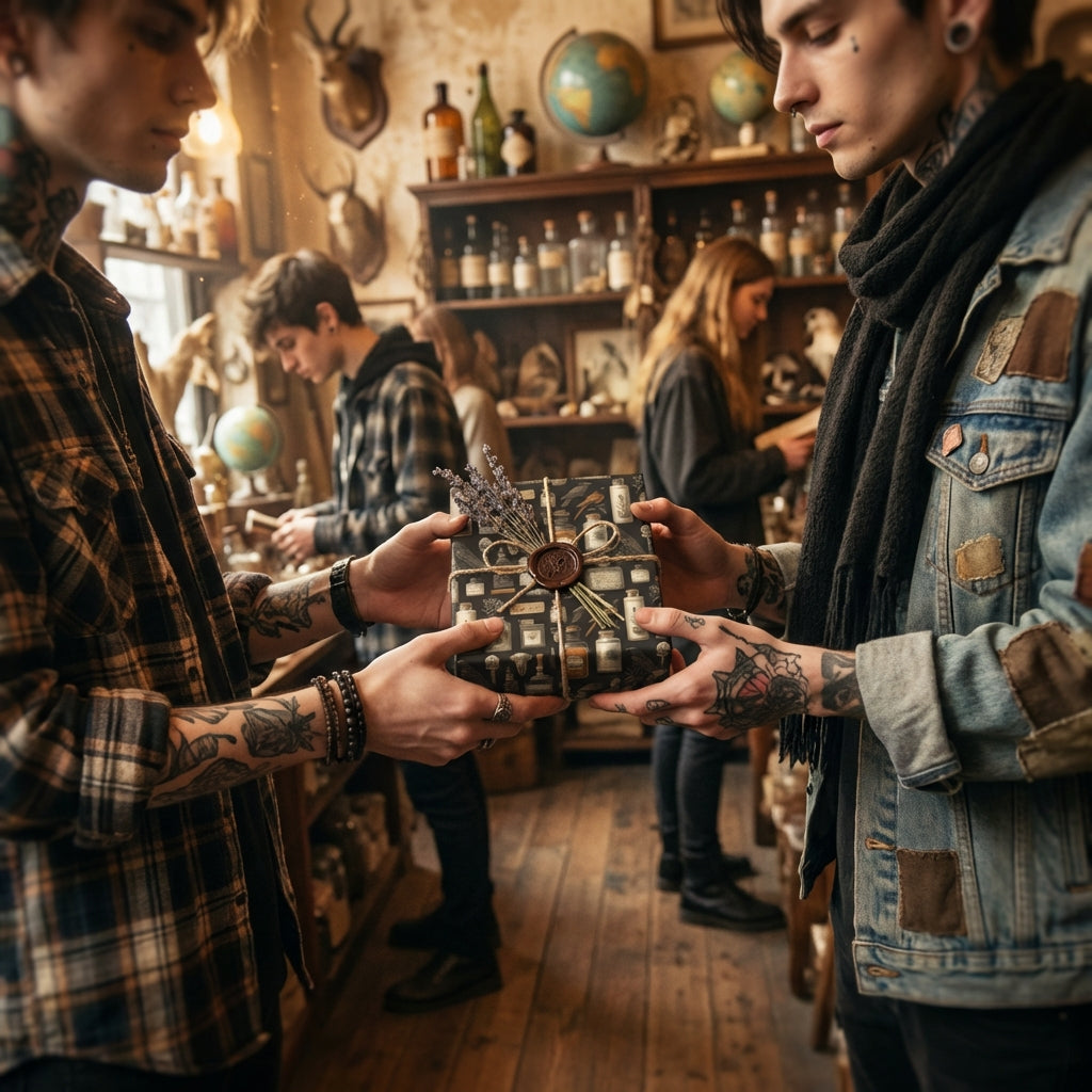 Hands exchange a rustic gift box wrapped in apothecary-themed gift wrap with twine, lavender sprig and wax seal.