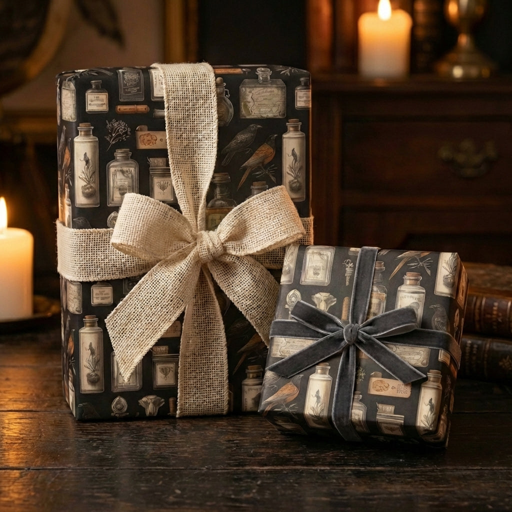 Vintage apothecary gift wrap with potion bottle pattern, tied with burlap and velvet ribbons for an elegant present.