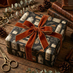 Elegant gift wrapped in vintage-inspired botanical wrapping paper with a rust velvet ribbon.