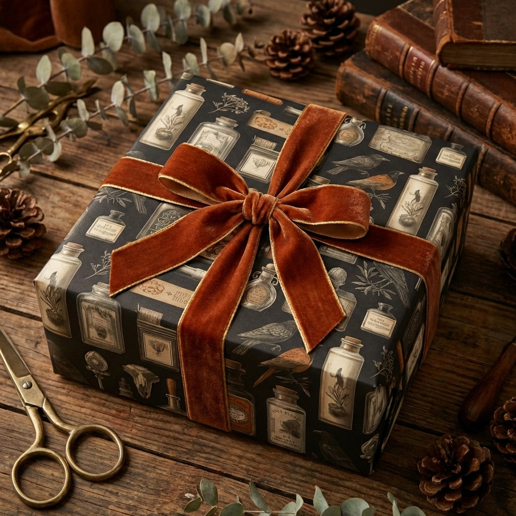 Elegant gift wrapped in vintage-inspired botanical wrapping paper with a rust velvet ribbon.