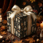Elegant gift wrapped in black wrapping paper with a vintage potion bottle print and a gold-edged ivory ribbon.