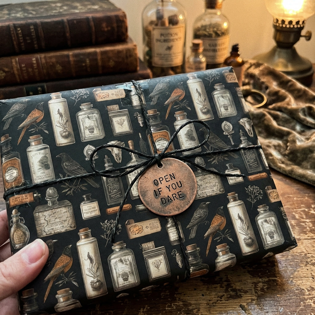 Dark academia gift wrapped in bird & apothecary bottle paper with "open if you dare" tag.