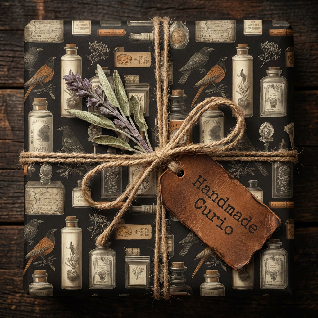 Elegant gift wrapped in vintage-style wrapping paper with apothecary bottles and bird pattern, tied with twine and a handmade tag.