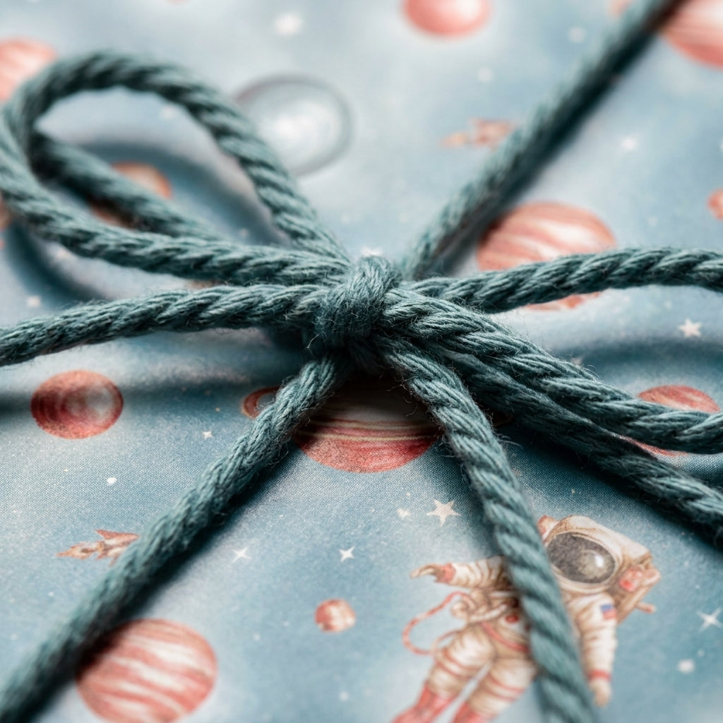 Astronaut space wrapping paper with planets and a green rope bow. Kids birthday gift wrap by Wrapped Studios.