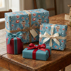 Blue outer space wrapping paper with vintage astronauts on gift boxes by Wrapped Studios.