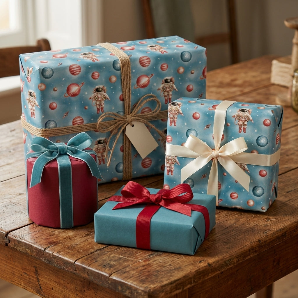 Blue outer space wrapping paper with vintage astronauts on gift boxes by Wrapped Studios.