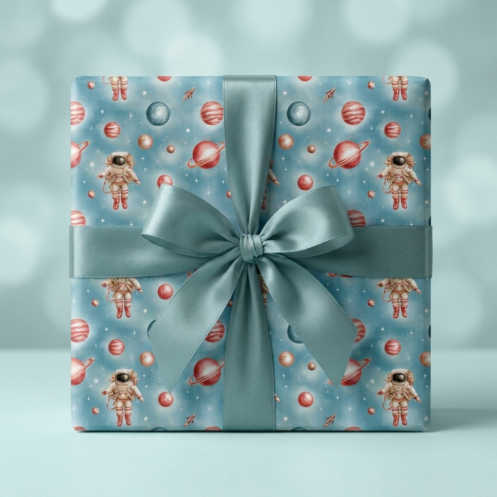 Kids outer space wrapping paper with astronauts and planets, tied with a blue satin bow by Wrapped Studios.