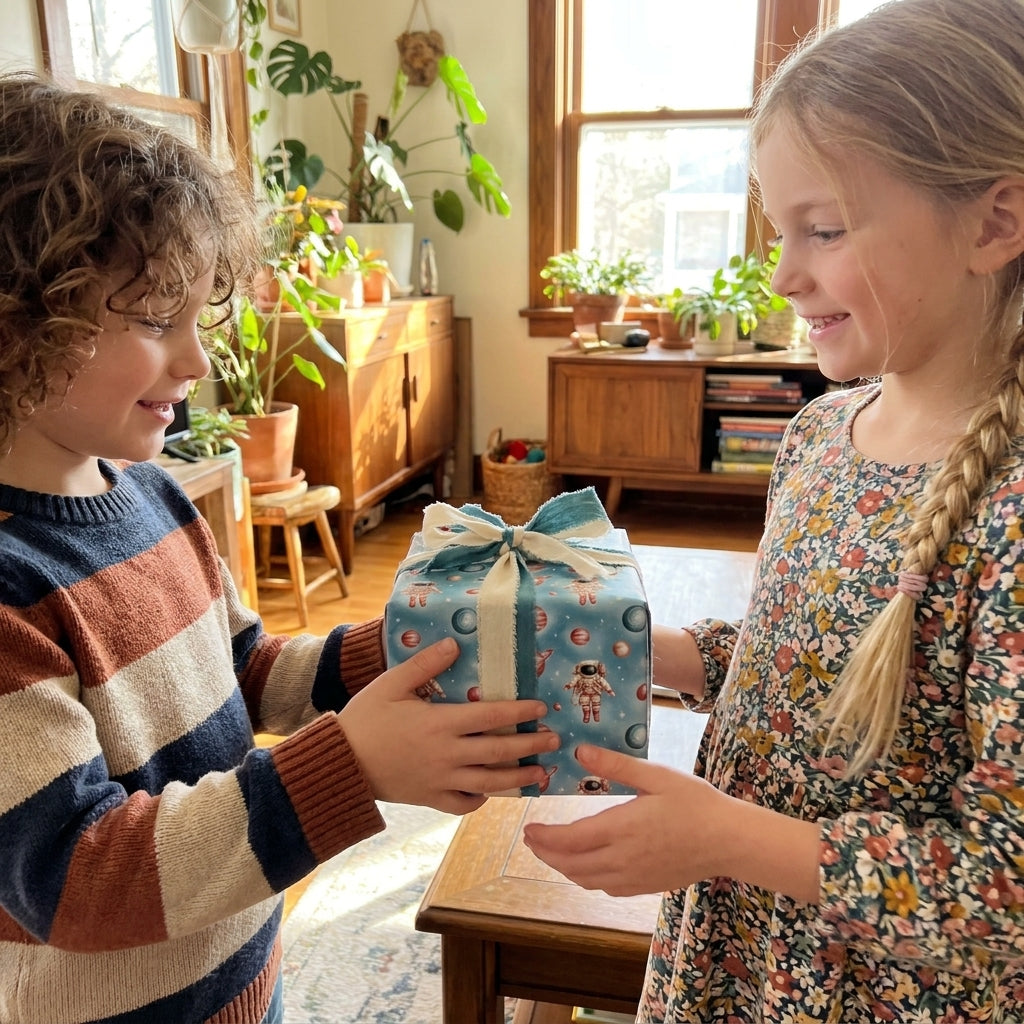 Kids exchanging a gift in blue space astronaut wrapping paper by Wrapped Studios.