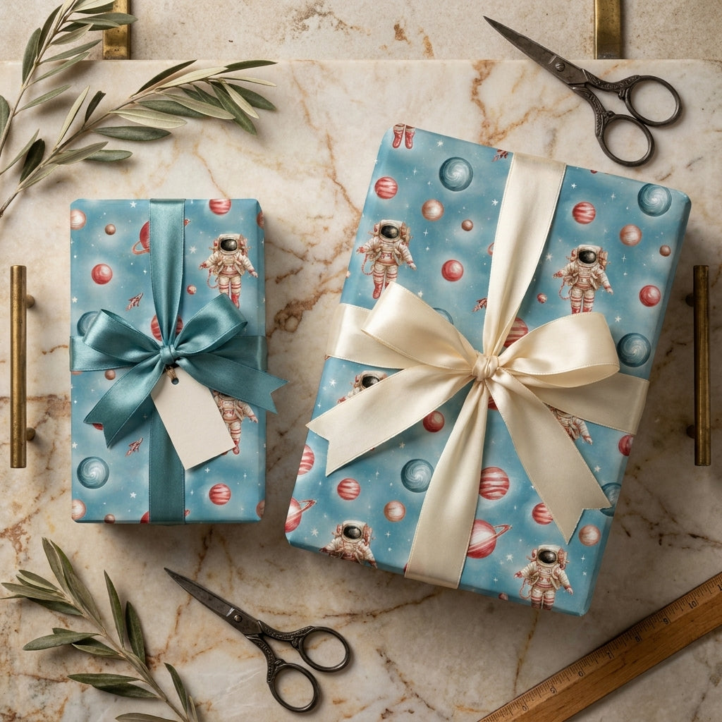Astronaut outer space wrapping paper on blue gift boxes with satin ribbons, by Wrapped Studios.