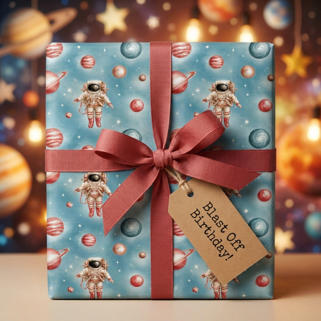 Outer space birthday wrapping paper with cute astronauts, planets, and a red bow by Wrapped Studios.