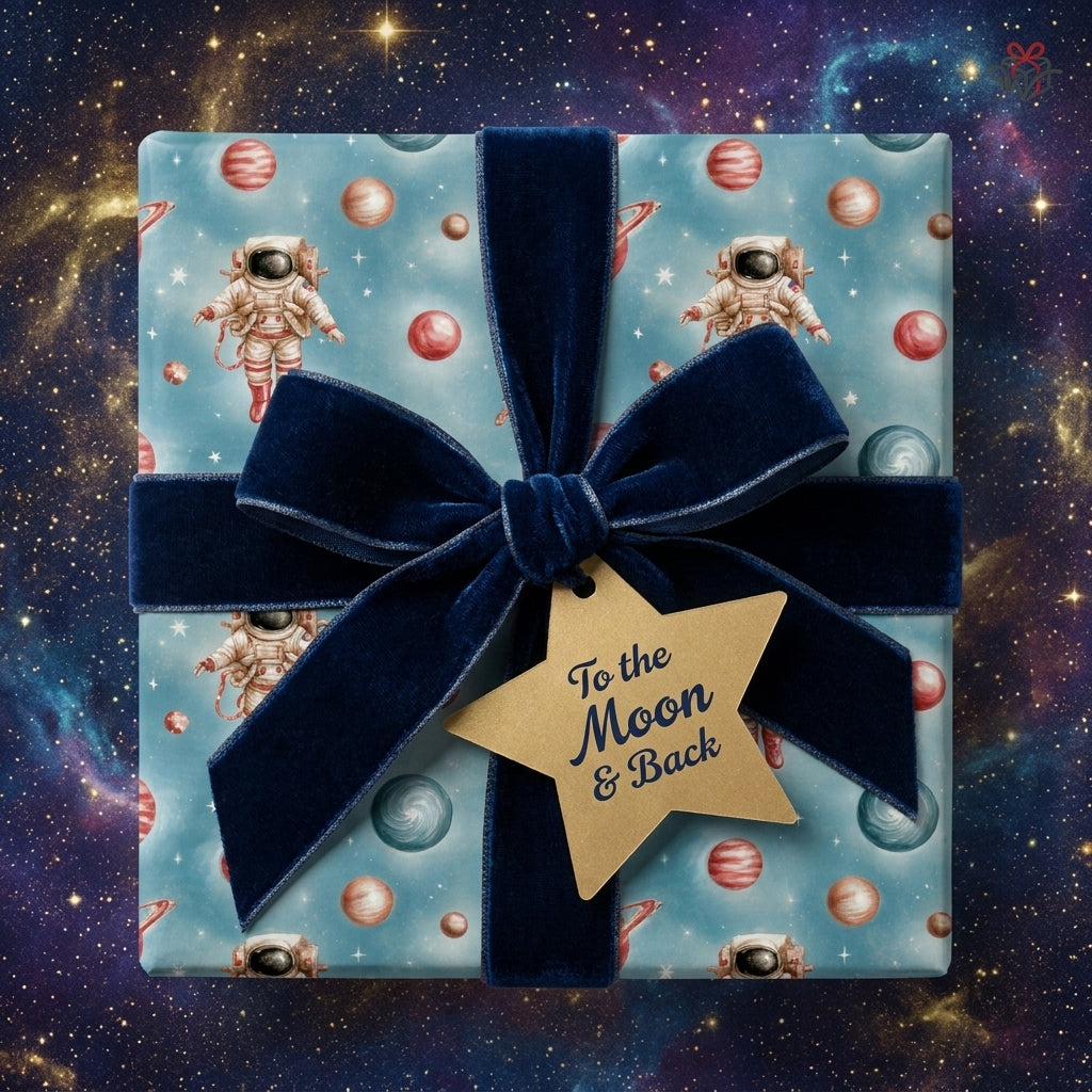 Outer space wrapping paper with astronauts and a navy velvet bow on a gift box by Wrapped Studios.