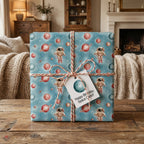 Outer space wrapping paper with watercolor astronauts and planets on a birthday gift by Wrapped Studios.