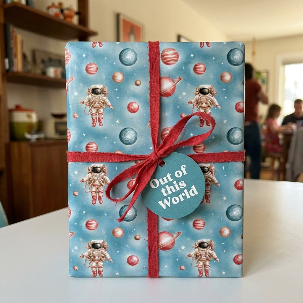 Blue astronaut outer space wrapping paper with a red ribbon and gift tag by Wrapped Studios.