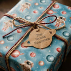 Astronaut outer space wrapping paper on a gift box with a planet tag, by Wrapped Studios.