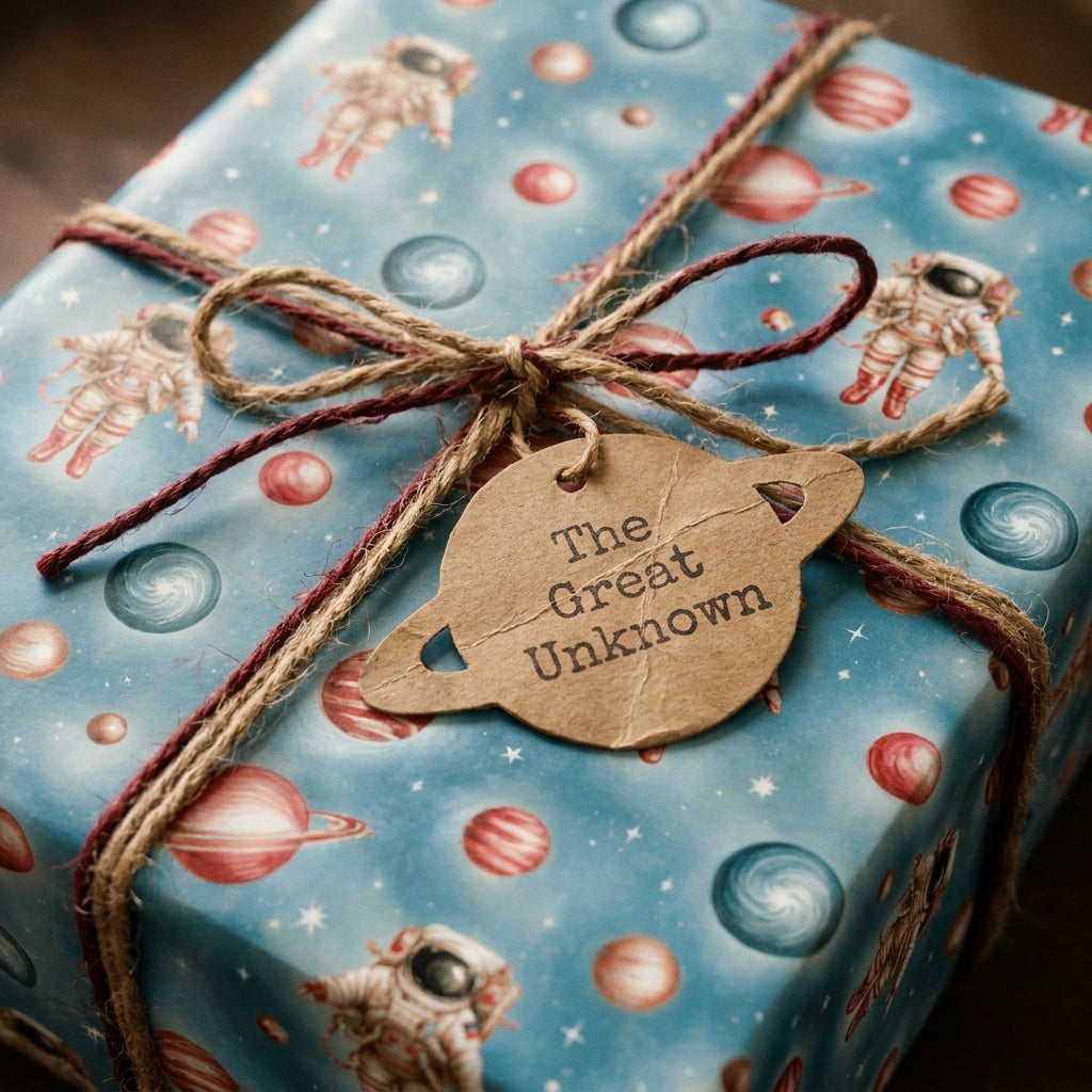 Astronaut outer space wrapping paper on a gift box with a planet tag, by Wrapped Studios.