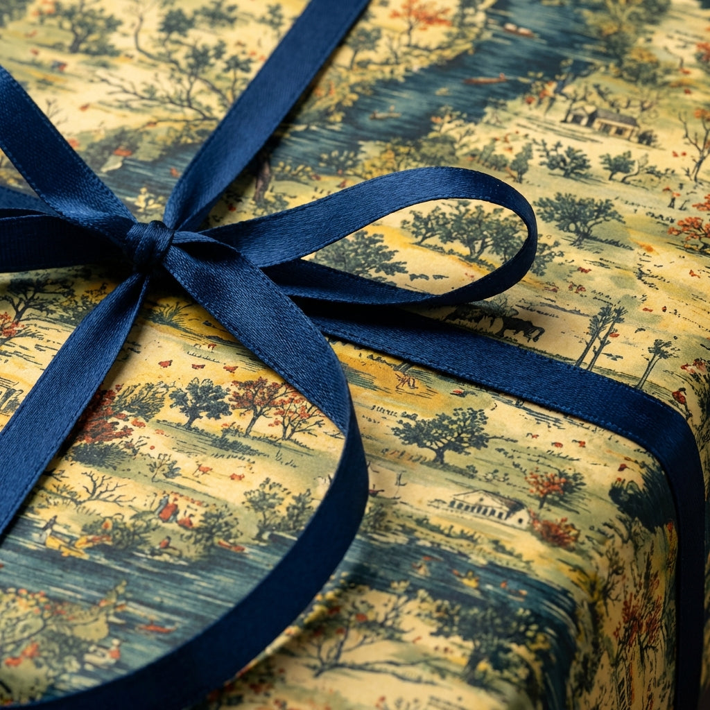 Vintage-style gift box wrapped in illustrated landscape wrapping paper with a navy blue ribbon.