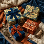 Elegant gifts wrapped in floral wrapping paper with velvet ribbons and twine on rustic wood surface.