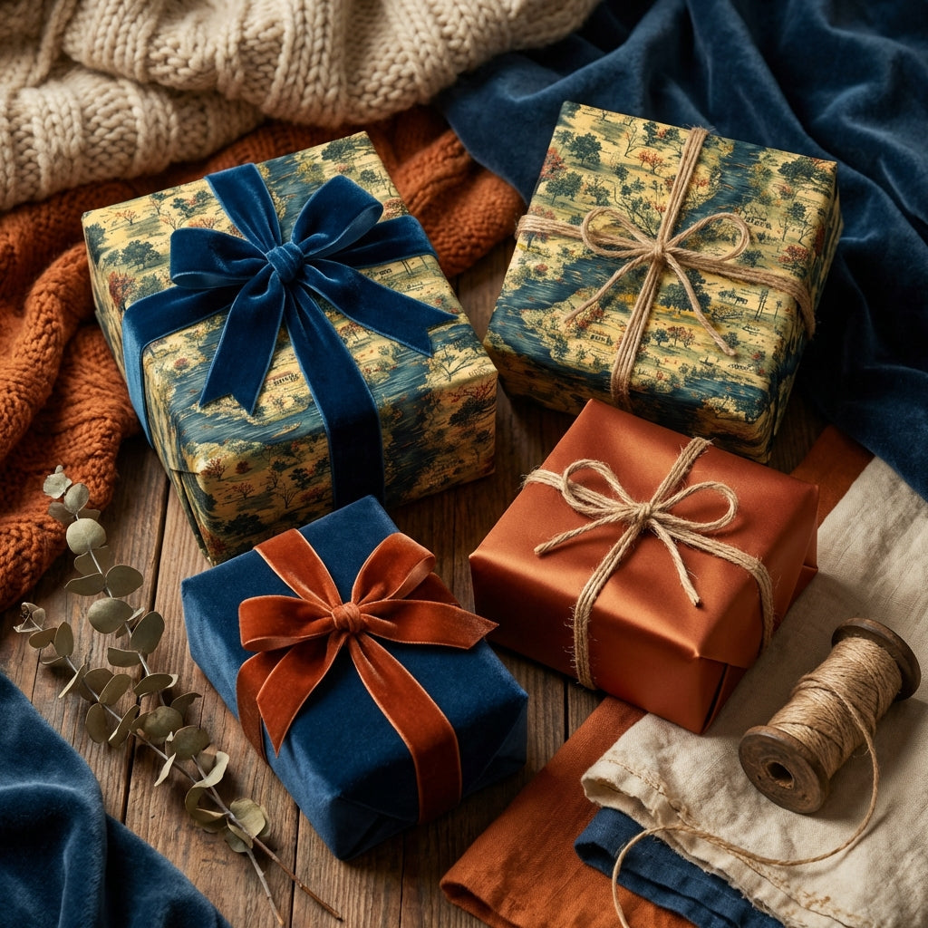 Elegant gifts wrapped in floral wrapping paper with velvet ribbons and twine on rustic wood surface.
