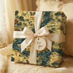 Elegant gift wrapped in vintage toile wrapping paper with a cream satin ribbon and "For You" tag.