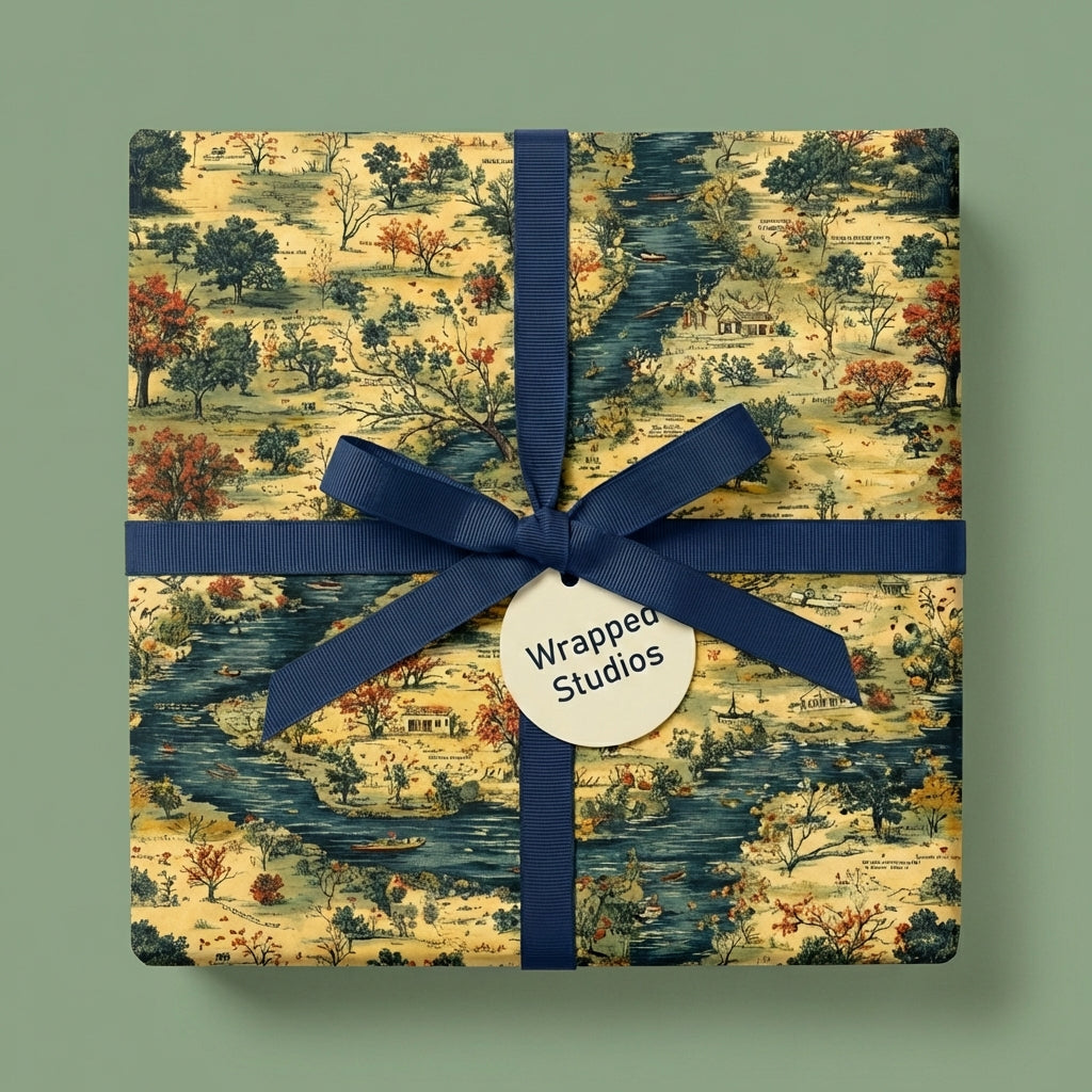Elegant gift box wrapped in vintage-style scenic toile wrapping paper with a navy blue ribbon.