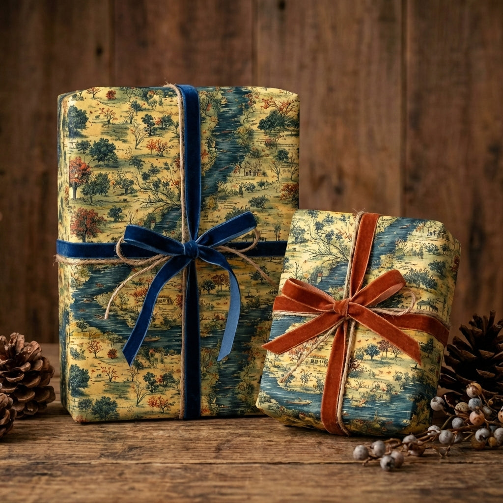Elegant gifts wrapped in toile wrapping paper with velvet ribbon, perfect for Christmas or birthday presents.