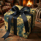 Elegant gift wrapped in vintage-style wrapping paper with blue, cream, and black ribbon, set near a cozy fireplace.