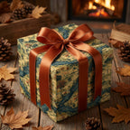 Elegant gift box wrapped in scenic vintage-style paper with a copper satin ribbon, perfect for autumn celebrations.