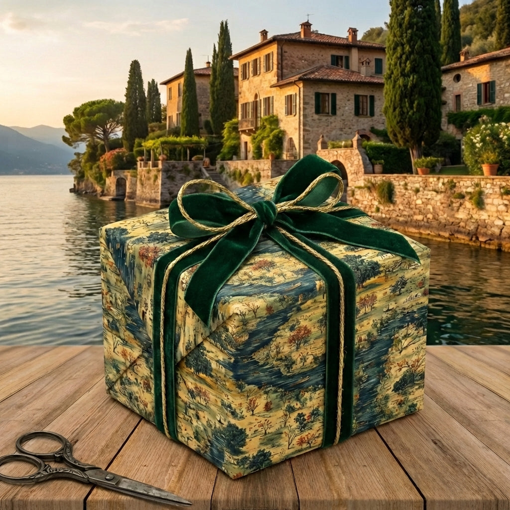 Elegant gift box wrapped in blue and gold toile wrapping paper, tied with a green velvet ribbon.