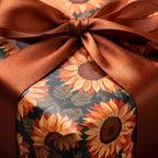 Rustic sunflower wrapping paper with a copper satin ribbon bow, by Wrapped Studios.